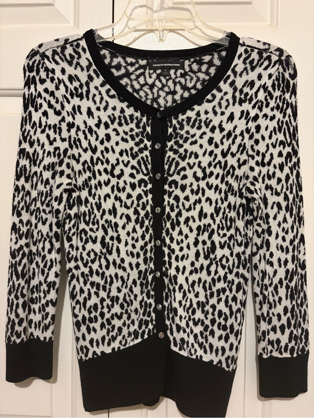 Express Black and White Leopard-Print Button Cardigan
